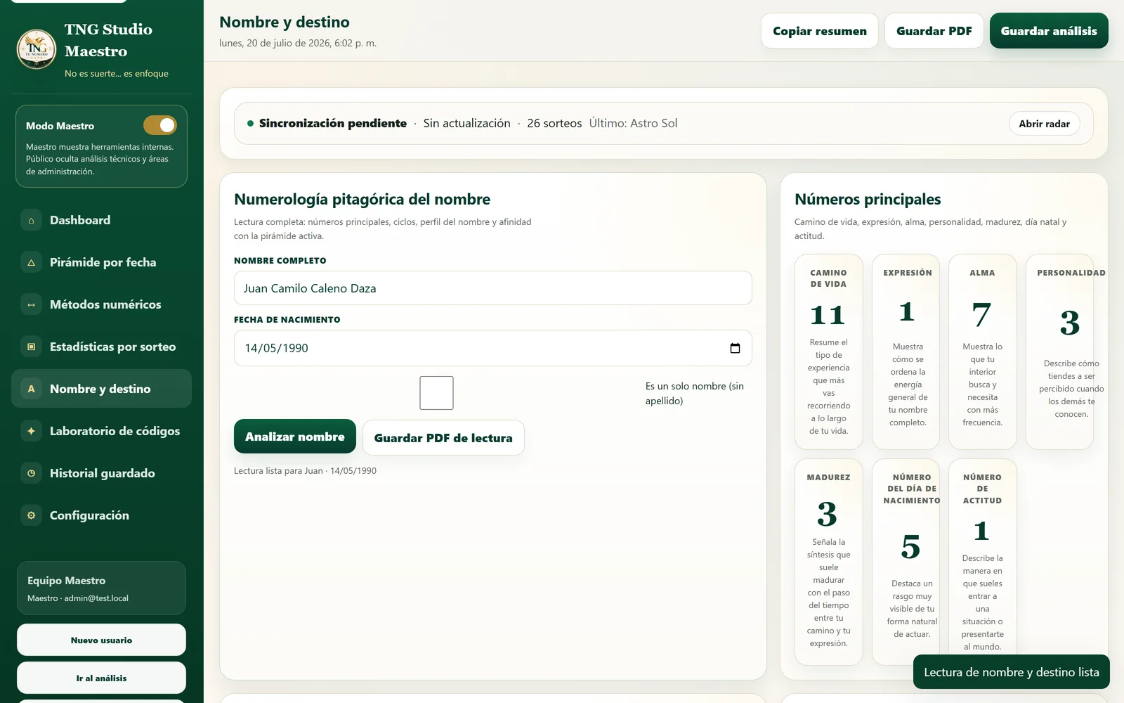 Captura del módulo de nombre y destino del dashboard TNG.